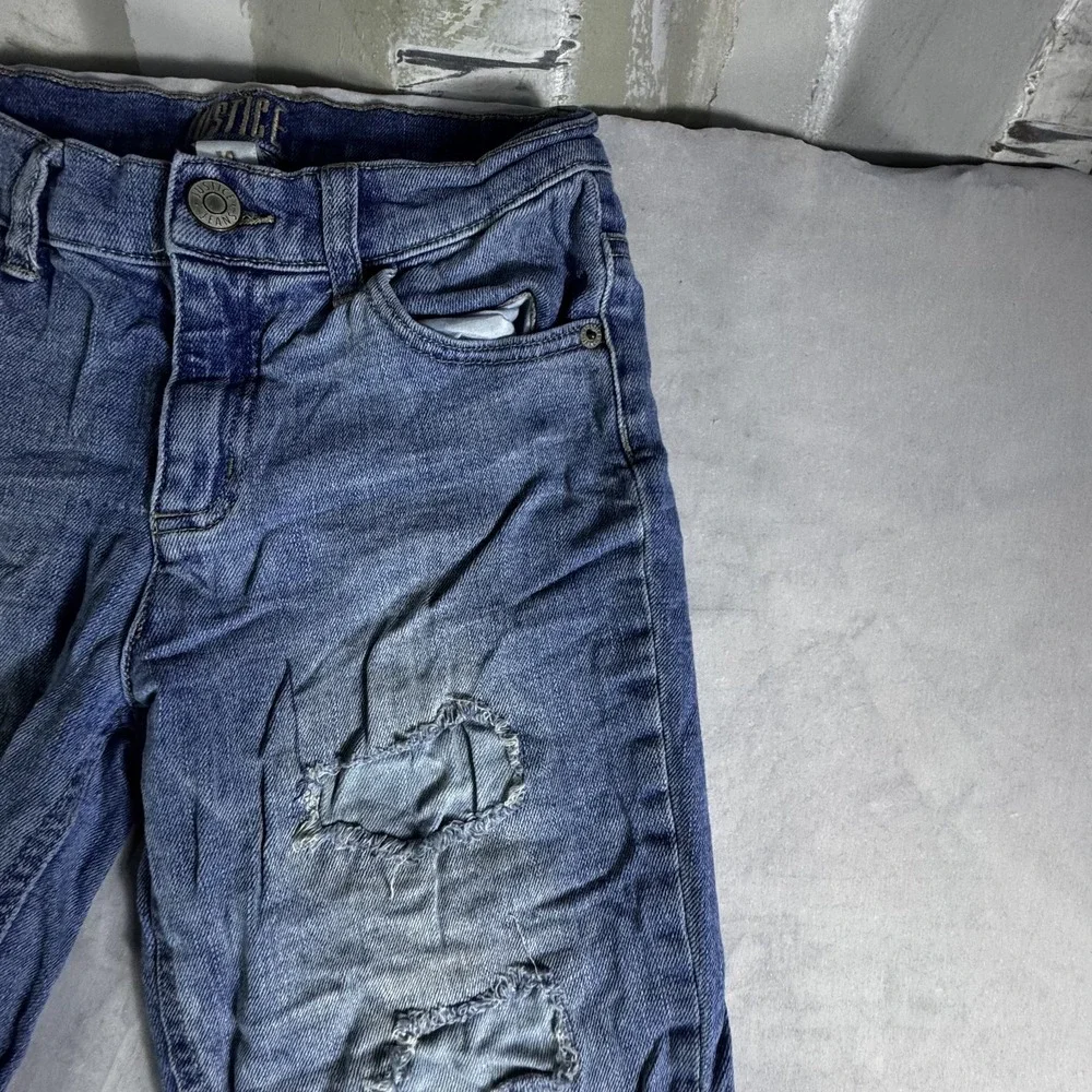 Justice Straight Jeans Girls 12 Blue Denim Stretch Frayed Hem Distressed Grunge